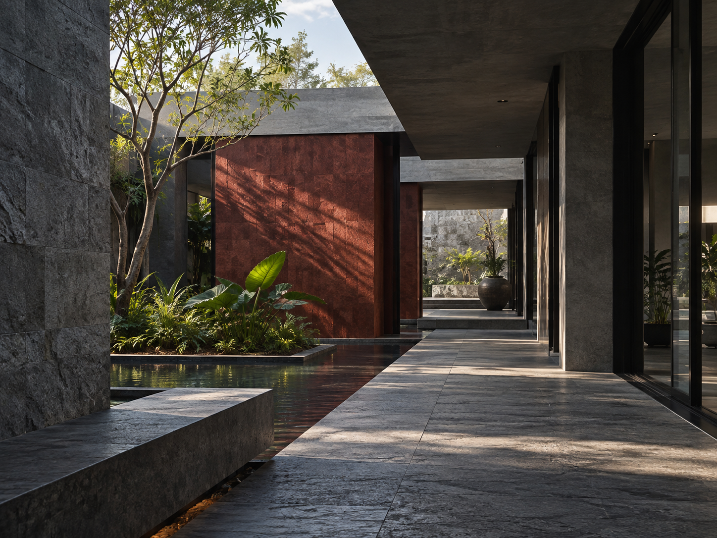 Conceptual stone courtyard and shaded passage, shown only as visual direction
